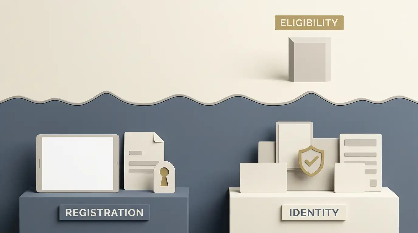 Blank account and identity-check objects separated by an eligibility boundary