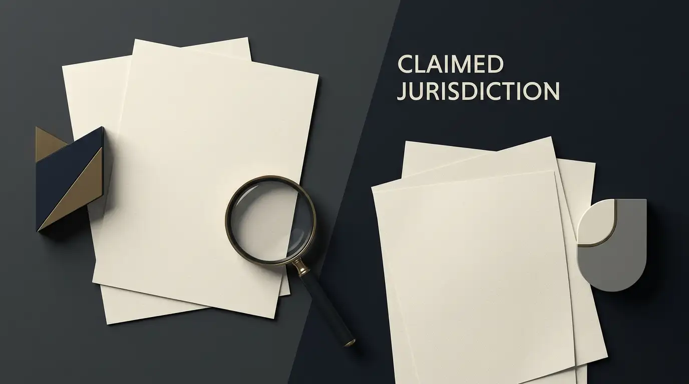 Blank regulatory documents and jurisdiction markers arranged for comparison